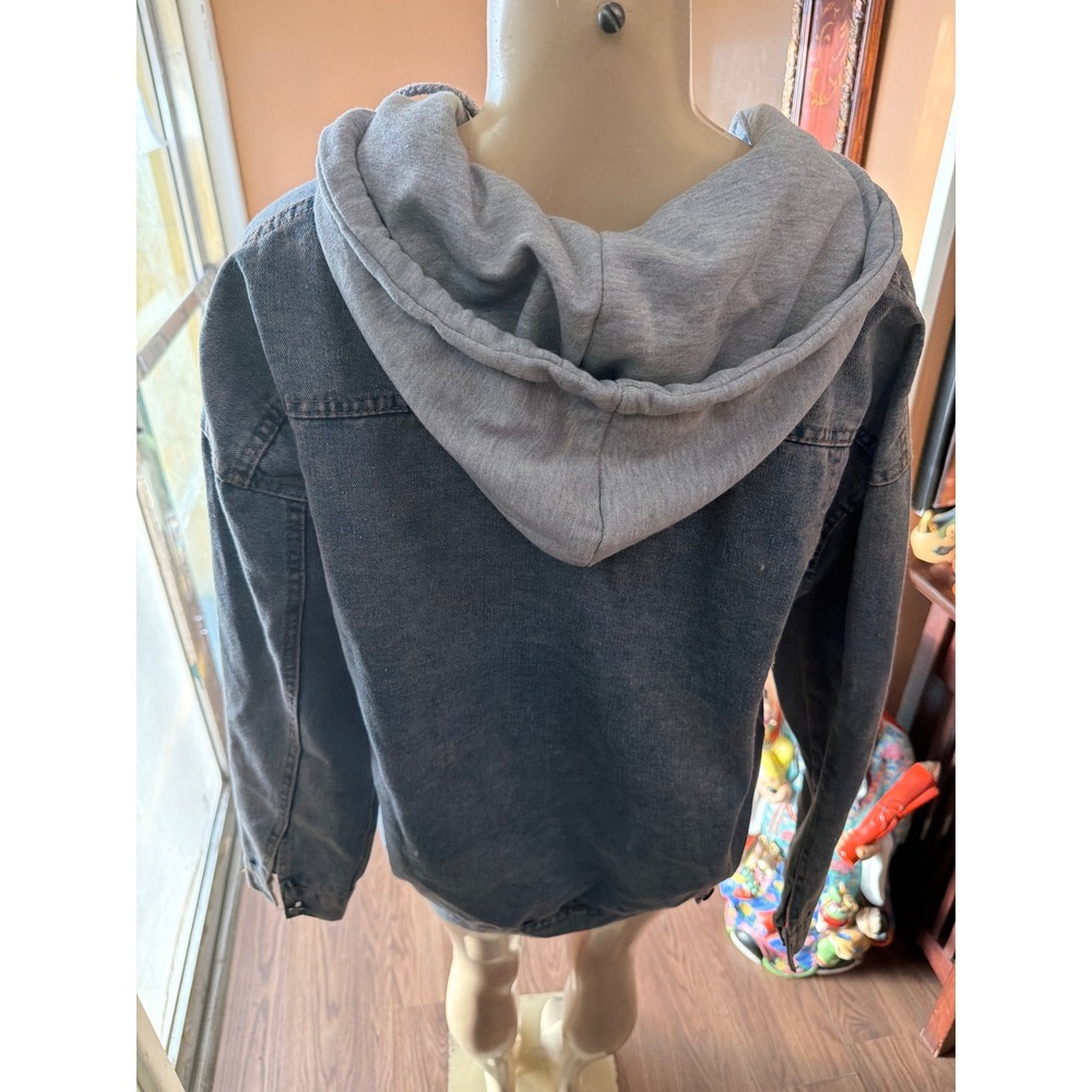 Amy Denim Jacket with Grey Hood Medium Wash Button Up Layered Look Streetwear - Picture 8 of 8